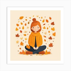 Autumn Girl Sitting On Leaves Art Print