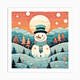 Snowman In Winter Landscape 1 Art Print