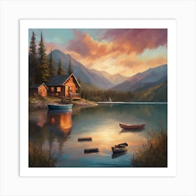Oil painting of a tranquil lake surrounded by mountains 1 Art Print
