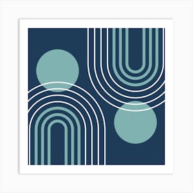 Mid Century Modern Geometric B27 In Navy Blue And Turquoise (Rainbow And Sun Abstract) 02 Art Print