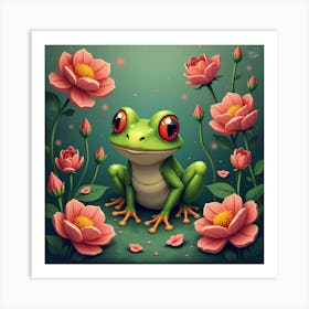 Frog In A Garden Of Roses 1 Art Print