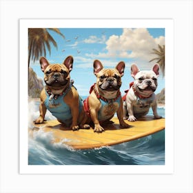 French Bulldogs On Surfboard Art Print