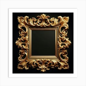 A golden frame with intricate carvings and flourishes, reminiscent of the Renaissance period, elegantly adorns a solid black background, creating a captivating and luxurious artwork that exudes timeless beauty and sophistication. Art Print