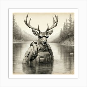 Deer In The Water 6 Art Print