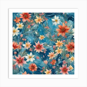 Blue And Orange Flowers Affiche