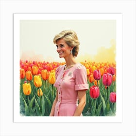 Smiling Princess Diana Standing In A Colorful Watercolor Garden Of Tulips 1 Art Print