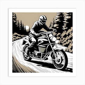 Motorcycle Rider In The Forest, black and white monochromatic art Art Print