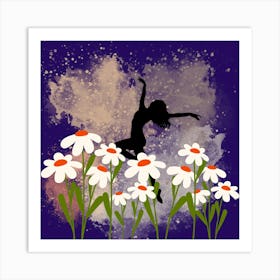 Silhouette Of A Girl With Daisies, Vector illustration of a happy dancing girl Art Print