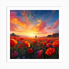 A Rustic Scene Bathed In The Ethereal Glow Of A Heavenly Realm Running Through poppy field Art Print