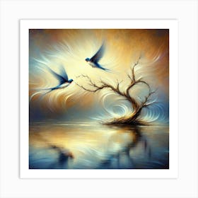 Two Swallows Flying Over A Tree Art Print