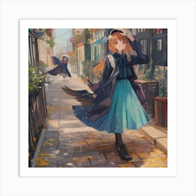 Anime Girl Walking Down The Street Art Print