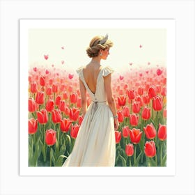 Watercolor Princess Diana Amidst An Enchanting Field Of Tulips 1 Art Print