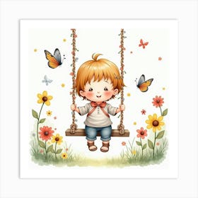 Watercolor Toddler Sitting On A Swing With Flowers And Butterflies Around Art Print