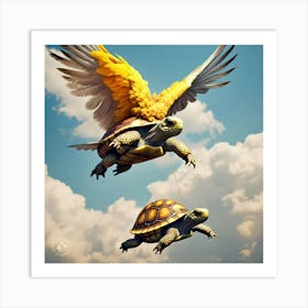 Tortoise Soaring Higher And Higher With Feather Attached To His Shell Art Print