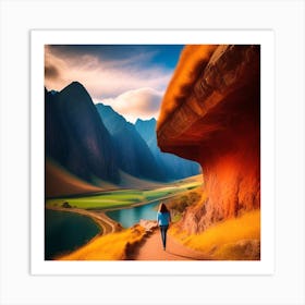 Woman Walking Down A Mountain Path Art Print