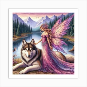 Fairy by the lake with a wolf  Art Print