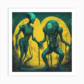 Alien Couple Painted To Mimic Humans, In The Style Of Art Elements, Folk Art Inspired Illustrations (1) Art Print