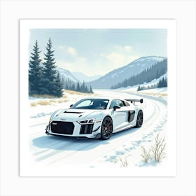 Modern Sports Car In A Serene Winter Landscape, Watercolor Painting 1 Art Print