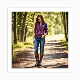Young Woman In Plaid Shirt In The Forest Art Print