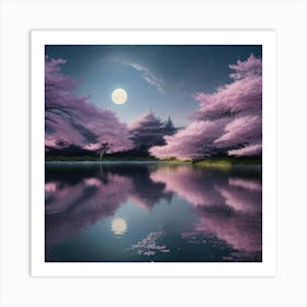 Cherry Blossoms In The Moonlight Art Print