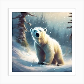 Polar Bear Cub in Snowy Winter Landscape Art Print