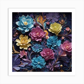 Flowers On Black Background Art Print