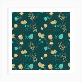 Flowers Leaves Pattern Seamless Green Background Art Print