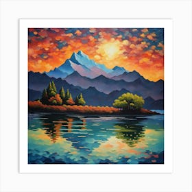 Alpine Glow: Sunset Majesty Over Snow-Capped Peaks and Reflective Lake fine wall art 1 Art Print