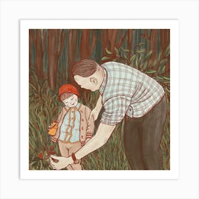 Grandfather And Granddaughter picking strawberries Art Print