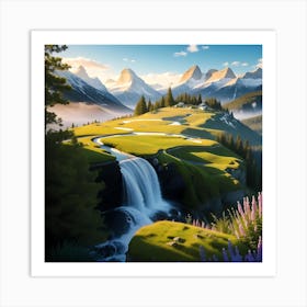 Waterfall In The Mountains Art Print