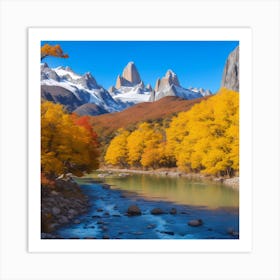 A Flowing Creek And Autumn Leaves Frame The Majestic Mount On A Beautiful Day Art Print