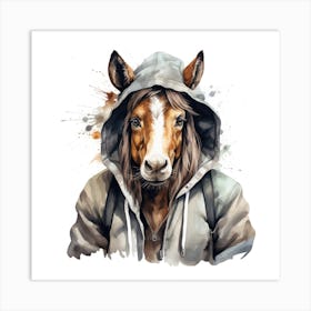 Watercolour Cartoon Horse In A Hoodie Art Print