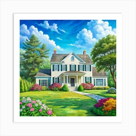 Charming White House With Green Lawn And Colorful Flowers Art Print