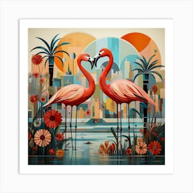 Flamingos in Urban Oasis – Modern Tropical Art with Geometric Design Art Print