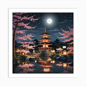 Japenese Pagoda Landscape With Moon Art Print (1) Art Print