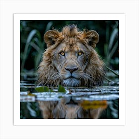 Lion In The Water Art Print