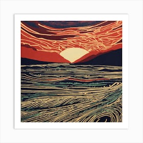 Sunset Over The Ocean Abstract Linocut Art Print