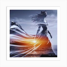 Woman Walking By The Ocean Art Print