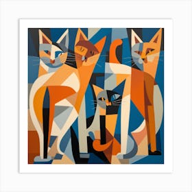 A Playful Scene Of Cats At Play Portrayed In A Cubist Style With Their Frolicking Forms Rendered As Abstract And Intersecting Shapes Art Print