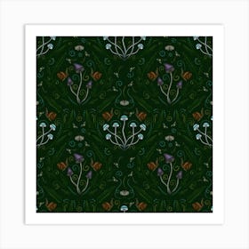 Goblincore Seamless Pattern With Mushrooms, Snails and Moths on Deep Green Art Print