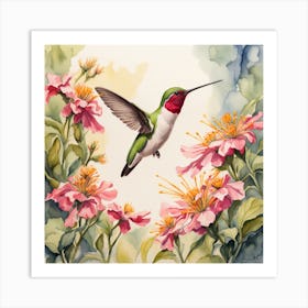 Ruby Throated Hummingbird Gathering Nectar From Beautiful Flowers In An Idealic Setting With Perfec 545491767 Art Print