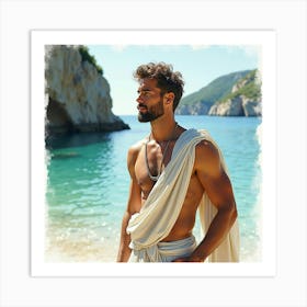 A Graceful Greek Man In Watercolor, With The Serene Waters Of A Hidden Cove Behind 1 Art Print