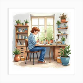 Watercolor Illustration Of A French Artist In Their Studio, Creative And Vibrant 1 Art Print