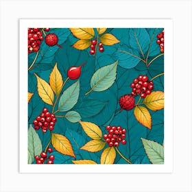 Autumn Leaves And Berries Seamless Pattern Art Print