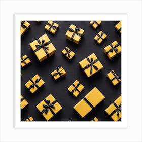 Yellow Gift Boxes On Black Background Art Print