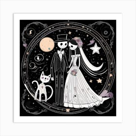 Skeleton Bride And Groom with cat whimsical minimalistic line art Art Print
