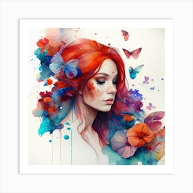 Watercolor Floral Red Hair Woman #4 Art Print