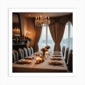 An Elegant Luxurious Tent Interior Features A Dining Table Set For A Meal With Curtains And Fireplace Creating A Cozy Atmosphere 4 Art Print