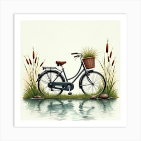 Classic Bike Beside A Tranquil Pond With Reeds Watercolor 1 Art Print