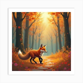 A Cunning Fox Exploring A Vibrant Autumn Forest Art Print